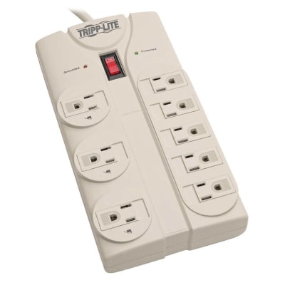 Tripp Lite TLP808 Protect It! 8-Outlet Surge Protector, 8' Cord with Right-Angle Plug, 1440 Joules, Diagnostic LEDs, Light Gray Housing