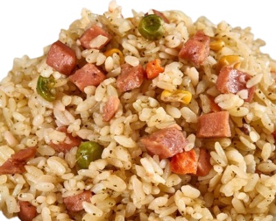 Room temperature vegan ham fried rice with mixed vegetables.