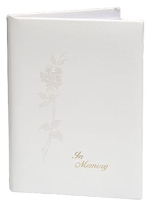 an embossed pearl foil rose lends beauty to white acknowledgement cards. gold headings on pages add to this series