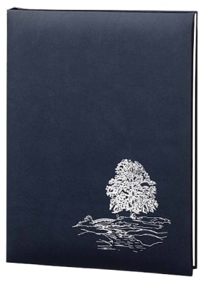 our tranquil park funeral guest book features a navy-blue cover stock with a striking silver foil design.