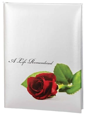 our regal rose funeral guest book is designed with a crisp pearlescent white cover upon which the vivid image o s