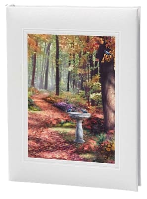 our path in the forest funeral guest book features a leaf-strewn path gently trailing through a wooded scene.