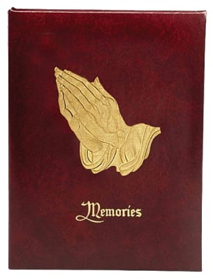 our praying hands funeral guest book comes with your choice of a burgundy or white cover. deeply embossed gold  s