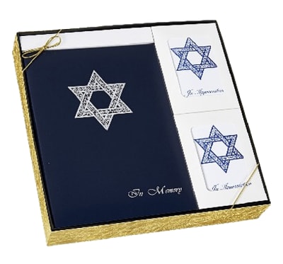 star of david jewish gift box sets 1 register/funeral guest book 1 things to remember book 1 flower card envelope
1 lapel pin