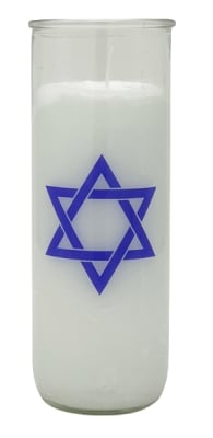 clear glass with blue star of david 7-day glass candle
top quality beeswax.
appropriate for shiva and other memorial occasion