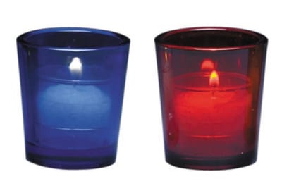 votive light glass-15 hr size.
available in ruby, blue or clear.
packed 1 dz per color.