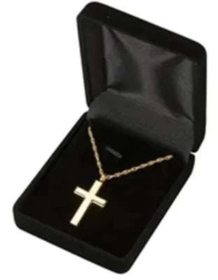 cremation pendant gold plated stainless steel cross size: 3/4" w x  1 3/8" h x 1/4" d  includes 20" chain 