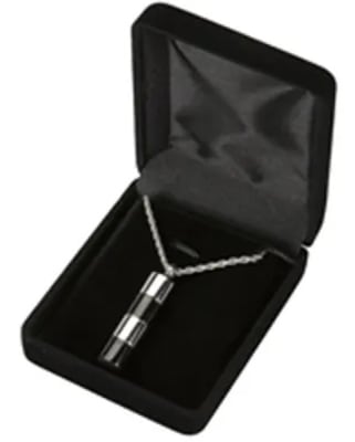 cremation pendant silver & black stainless steel capsule size: 5/16" diam. x 1 1/4" h