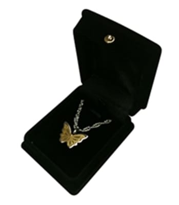 cremation pendant two-tone stainless steel butterfly size: 3/4" w x 1 3/8" h x 1/4" d  includes 20" chain 