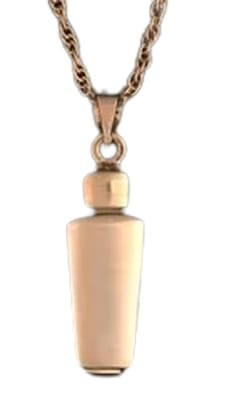 cremation pendant 14k gold mini urn with matching chain and jewelry case.