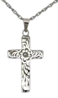 cremation pendant sterling silver floral pattern hand engraved cross 
with matching chain and jewelry case.
     