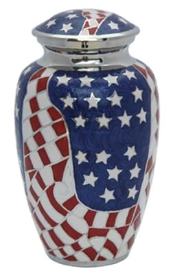 cremation urn american flag adult cremation urn
beautiful silver trim.
200 cubic inch capacity.
10.75" h x 6" diameter.