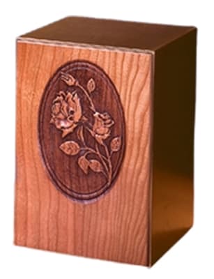 cremation urn  cherry rose surrounded by solid bronze.
8" h x 5 1/2" w x 6" d.
208 cubic inches.