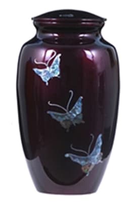 mother of pearl metal cremation urn-butterflies
200 cubic inch capacity.
6" x 6" x 11"