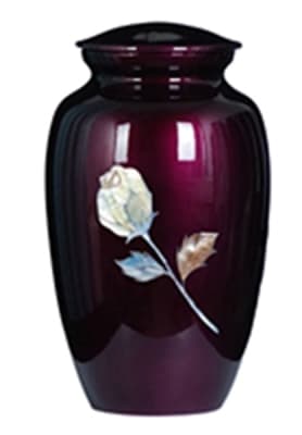 mother of pearl purple metal cremation urn with rose
200 cubic inch capacity.
6" x 6" x 11"