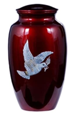 mother of pearl metal cremation urn with dove
beautiful dove inlay.
200 cubic inch capacity.
6" x 6" x 11"