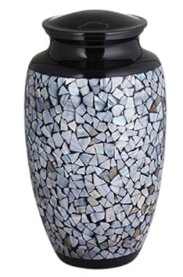 mosaic black cremation urn
eco-aluminum construction.
200 cubic inch capacity.
6" x 6" x 11".