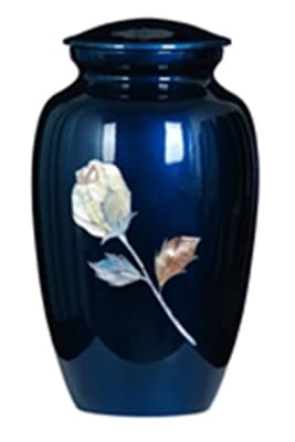 mother of pearl blue metal cremation urn with rose
beautiful rose inlay.
200 cubic inch capacity.
6" x 6" x 11"