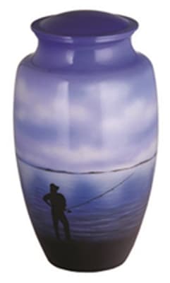 fisherman hand painted metal cremation urn
each, one of kind.
200 cubic inch capacity.
6" x 6" x 11"
