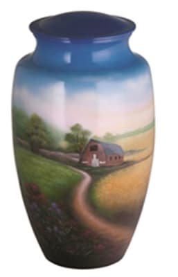 country scene hand painted metal cremation urn
each, one of kind.
200 cubic inch capacity.
6" x 6" x 11"