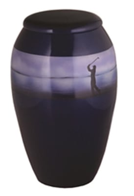 golf scene hand painted metal cremation urn
each, one of kind.
200 cubic inch capacity.
6" x 6" x 11"