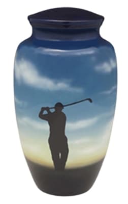 golf scene hand painted metal cremation urn
each, one of kind.
200 cubic inch capacity.
6" x 6" x 11"