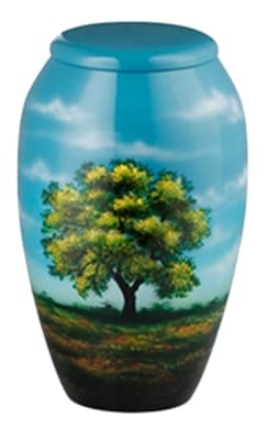 tree scene painted metal cremation urn
6" x 6" x 11"
keepsake urn.
2.6" h x 1.8" diameter
2.8 cubic inch capacity.