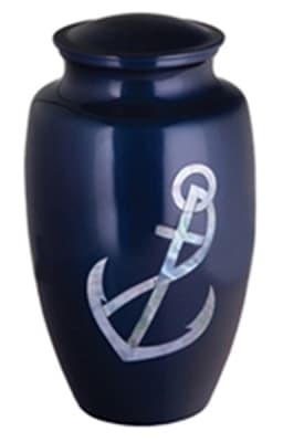 anchor mother of pearl blue metal cremation urn
6" x 6" x 11"
2.6" h x 1.8" diameter
2.8 cubic inch capacity.