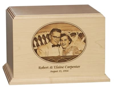 premier custom photo companion cremation urn
solid hard maple.
dimensions: 10 1/4" x 11 1/2" x 7 3/4"
450 cubic inches.