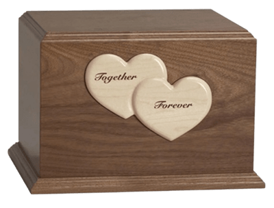 nicheable cremation urn 
walnut with maple hearts
dimensions: 8 1/4" x 10 1/2" x 8 1/4"
425 cubic inches.