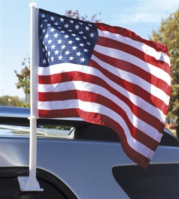 clip-on american flags
easily and securely clips on window.
6" x 9" banner with 15" plastic staff.
packed 1 doz s