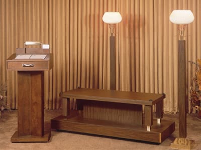Majestic  Set  Contemporary Design In Walnut Wood Grain Formica, Accented With Brass Metal.  Save Money 