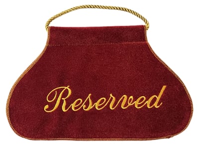Embroidered Reserved Seat Sign With Matching Rope Handle
Finely Handcrafted In Crushed Velvet.
Two-Sided Sign 