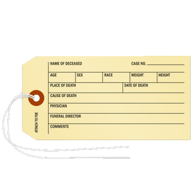 prep room mortuary toe tags
mark a body with these durable, long-lasting coroner toe tags or body identification tags.
â€¢ ta