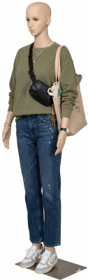 Unbreakable realistic female mannequin with rotating arms and glass base