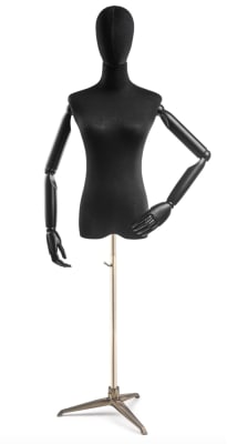 Female display dress form with bronze canvas torso on metal tripod base adjustable retail mannequin for boutiques and designers