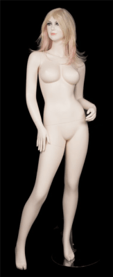 Realistic fleshtone big breasted female mannequin with heavy makeup and left arm bent pose. Features detailed facial features, fair skin tone, and Brazilian-style body. Made of durable fiberglass with base – from Mannequins Express.