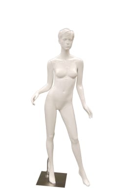 Realistic high gloss white female mannequin with sculpted hair and face on a glass base with dual supports.