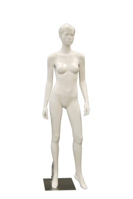 Realistic high gloss white female mannequin with sculpted hair and face on a glass base with dual supports.