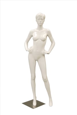 Realistic high gloss white female mannequin with hand on hip and sculpted hair on a dual-support glass base.