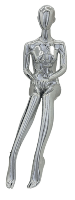 Silver chrome female mannequin in sitting position with egghead design – Mannequins Express