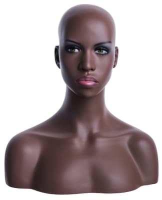 Realistic African American female display head with very dark skin tone, fiberglass construction, and self-standing bust base for retail jewelry and hat displays.