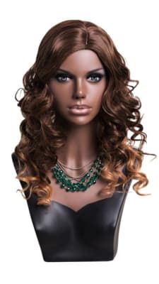 Realistic African American female display head with very dark skin tone, fiberglass construction, and self-standing bust base for retail jewelry and hat displays.