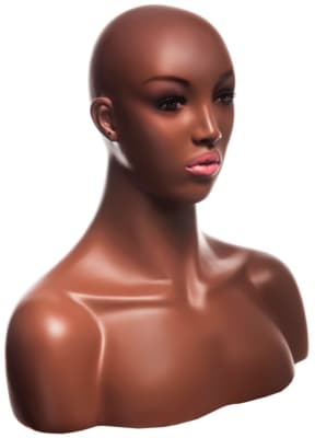 Realistic African American female display head with medium skin tone, fiberglass construction, and shoulder base for retail jewelry and hat displays.