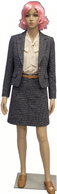 Unbreakable plastic female mannequin in a standing pose with a chrome base and realistic facial features for retail apparel display.