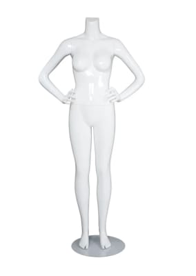 Female Brazilian mannequin with glossy white fiberglass finish, headless changeable head design, hands on hips pose, and included base.