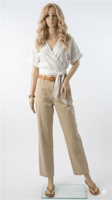 Unbreakable plastic female mannequin with realistic facial features, makeup details, wide stance pose, detachable parts, and square glass base.