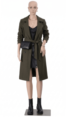 Unbreakable realistic fleshtone female mannequin with left arm bent standing on metal base