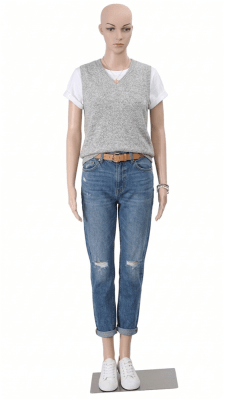 Unbreakable realistic fleshtone female mannequin with arms at sides standing on metal base