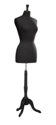 Female black jersey knit 3/4 torso dress form with matching black tripod base
